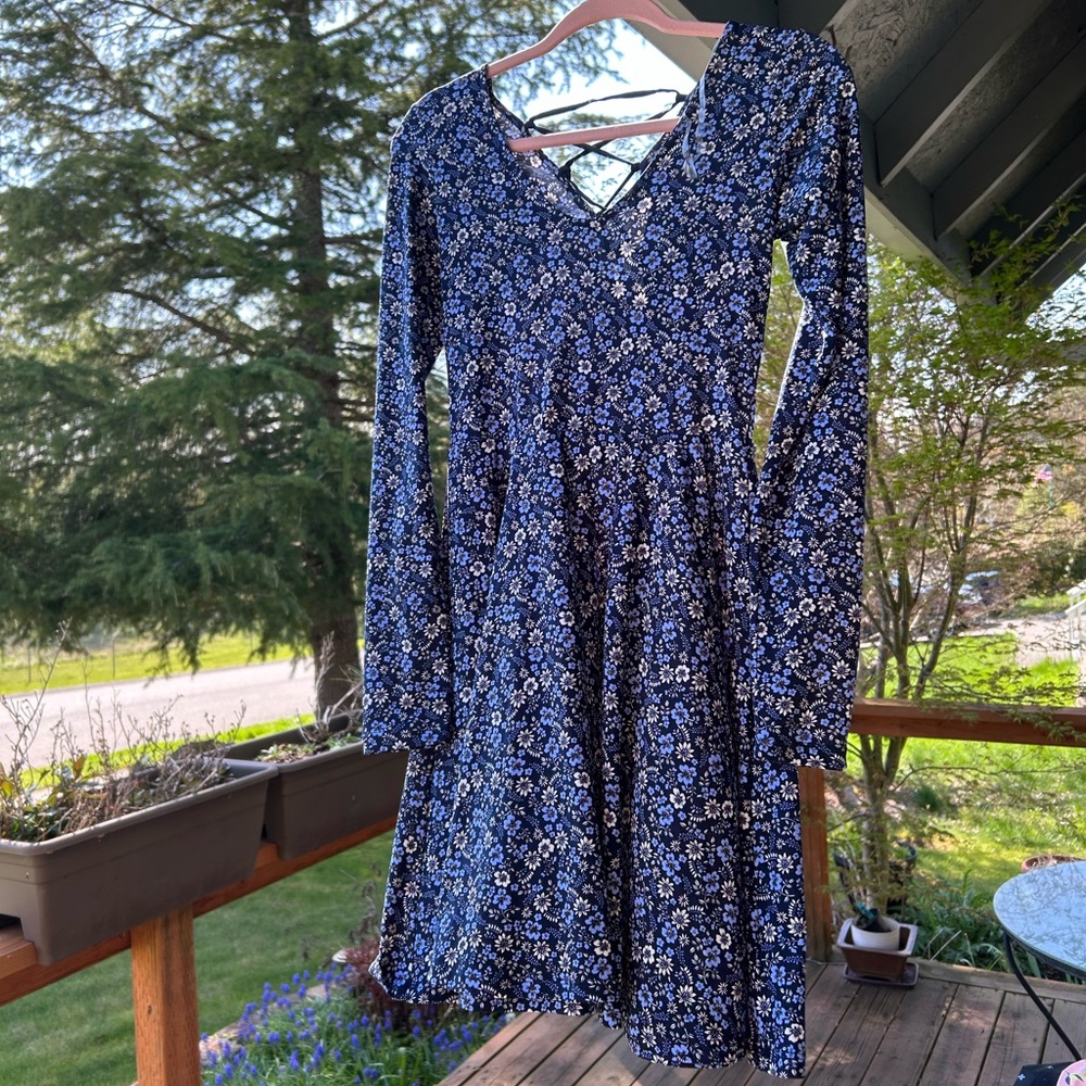 Blue Floral Long Sleeve Skater Dress With Cutout Back
